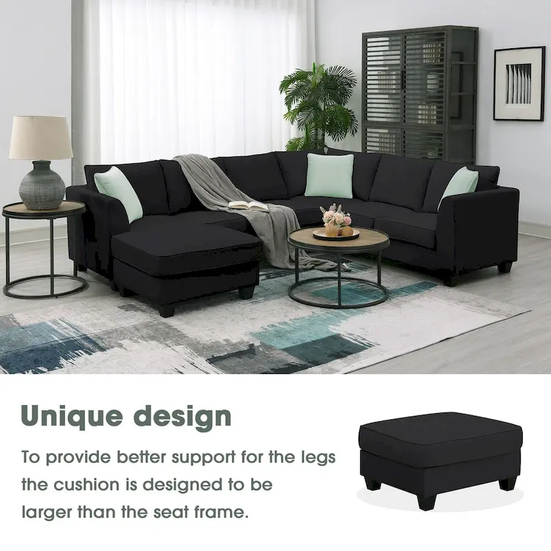 112-inch L-shaped 7-seat Modular Sectional Sofa with Ottoman and Three Pillows - 112W x 87D x 33H