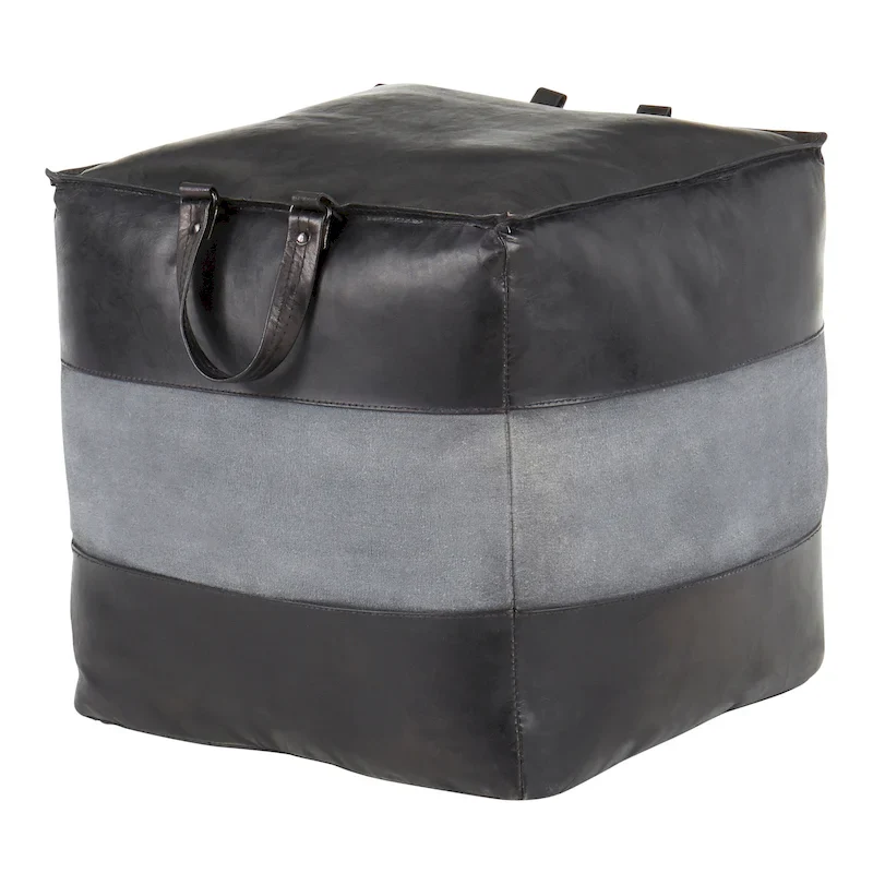 Industrial Pouf Ottoman in Leather and Canvas