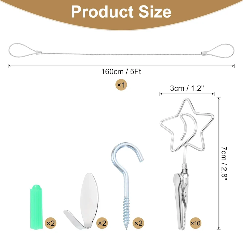 5Ft Wall Hanging Photo Display Cable Wire Rod with 10 Star Shaped Clips