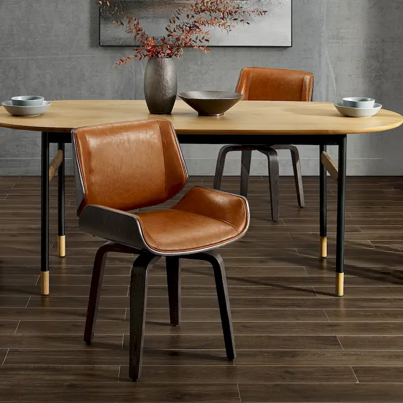 Black/Brown Mid-Century Faux Leather Swivel Dining Chair, 360° Swivel, Single Seat, 265 lbs Capacity