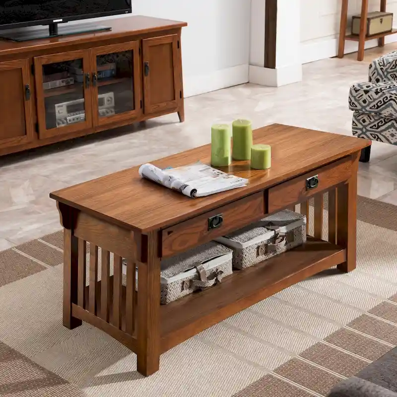 Brown Wood Mission-Style Coffee Table with 2 Drawers – 1 Unit