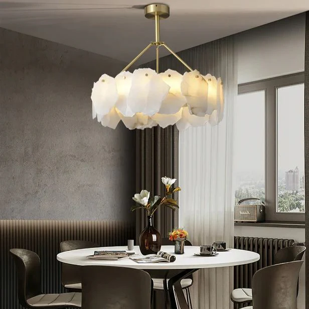 Brass Downrod Circular White Alabaster Chandelier