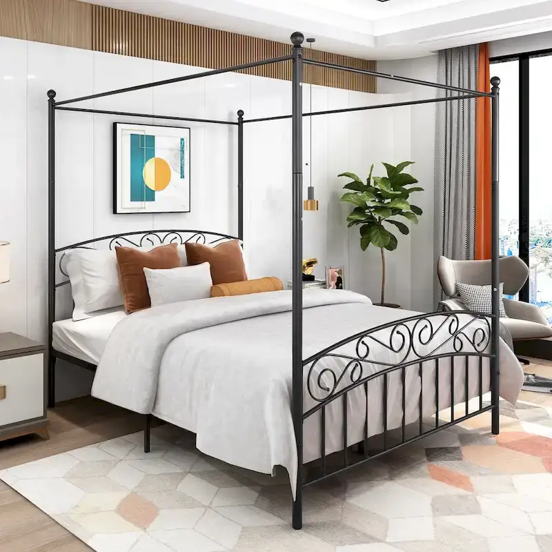 Metal Canopy Bed Frame with Ornate European Style Headboard & Footboard Sturdy Steel Fits Your Mattress Easy DIY