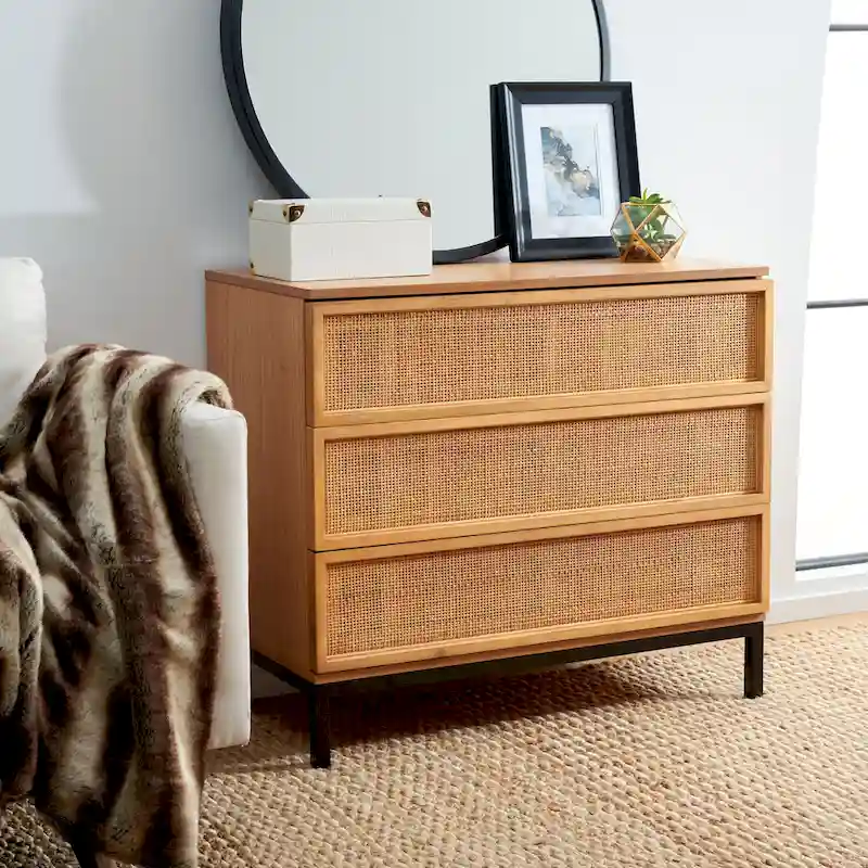 3-Drawer Chest, Woven Rattan Drawer Fronts, Parsons-Style Frame, Walnut / Black / White / Natural / Black & Gold, 1-Person Use