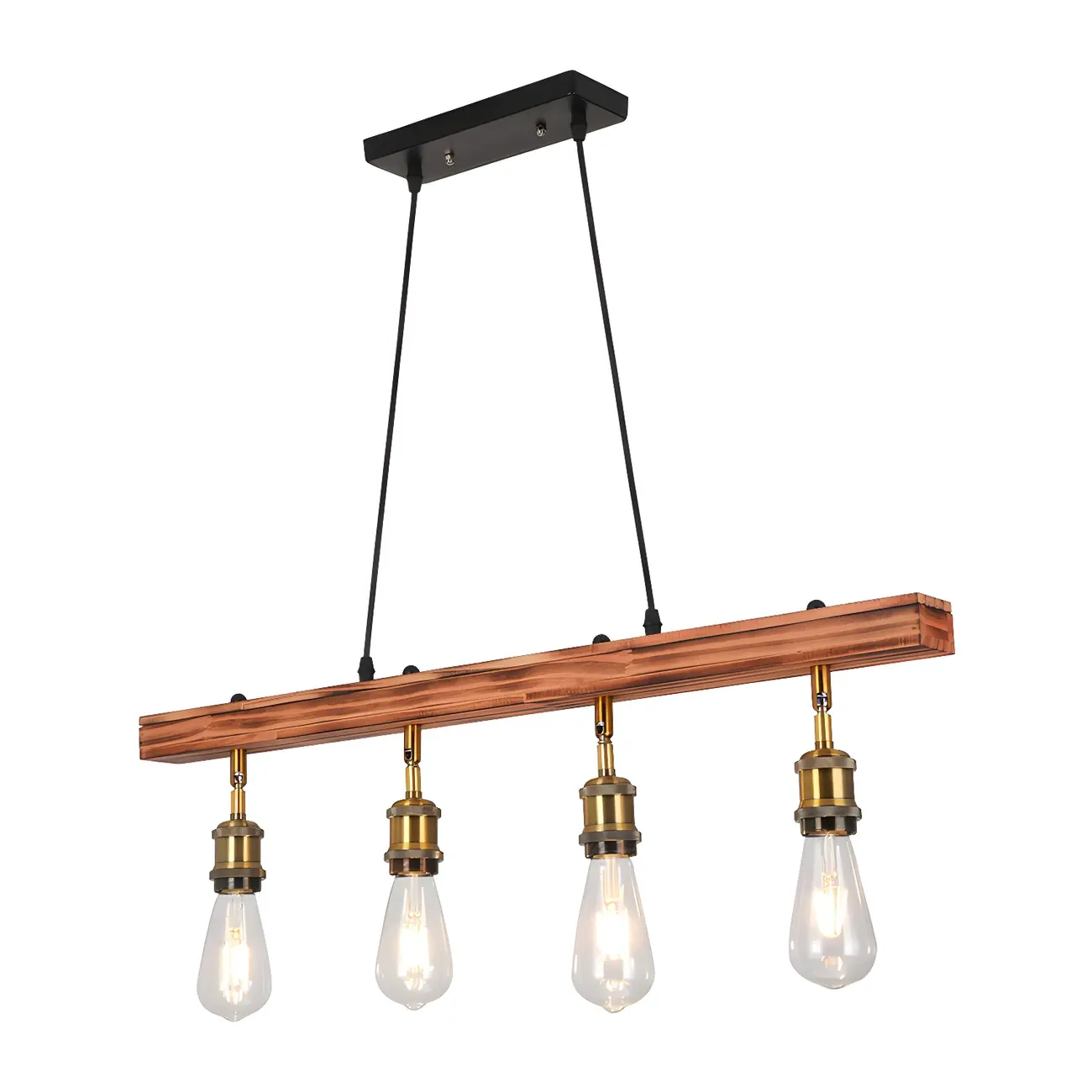 Industrial Brown Wood Brass Adjustable 31.5 Pendant Light