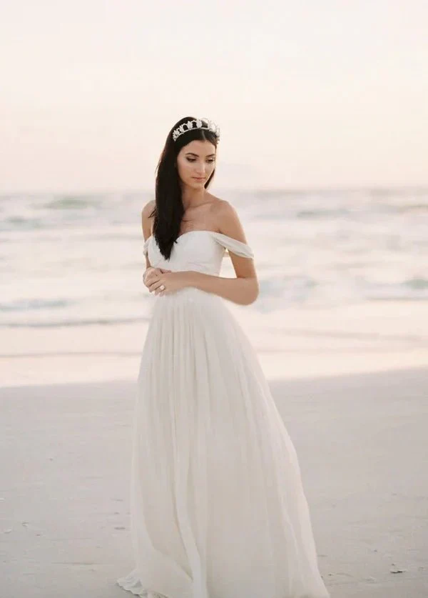 Chiffon  A-line Off-the-Shoulder Backless Beach Wedding Dress with Lace Bodice