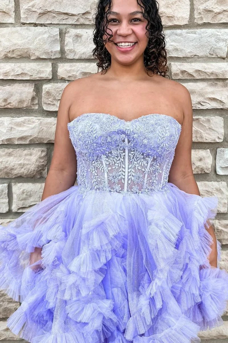 Lavender - Strapless A Line Ruffle Tulle Homecoming Dress With Appliques