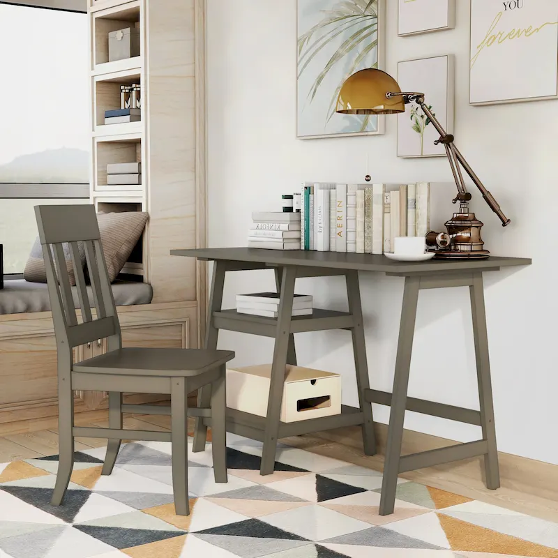 Writing Desk with Chair | 47 W | Grey & White | Transitional Home Office Desk