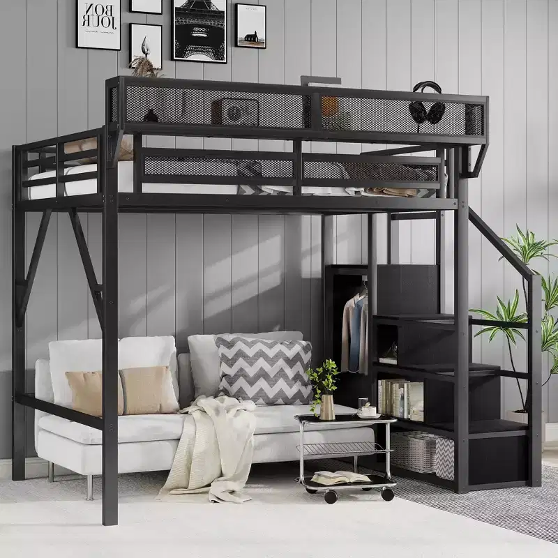 Full Size Black Metal Loft Bed with Stairs Storage Shelves and High Loft Bed with Wardrobe for Kids Teens