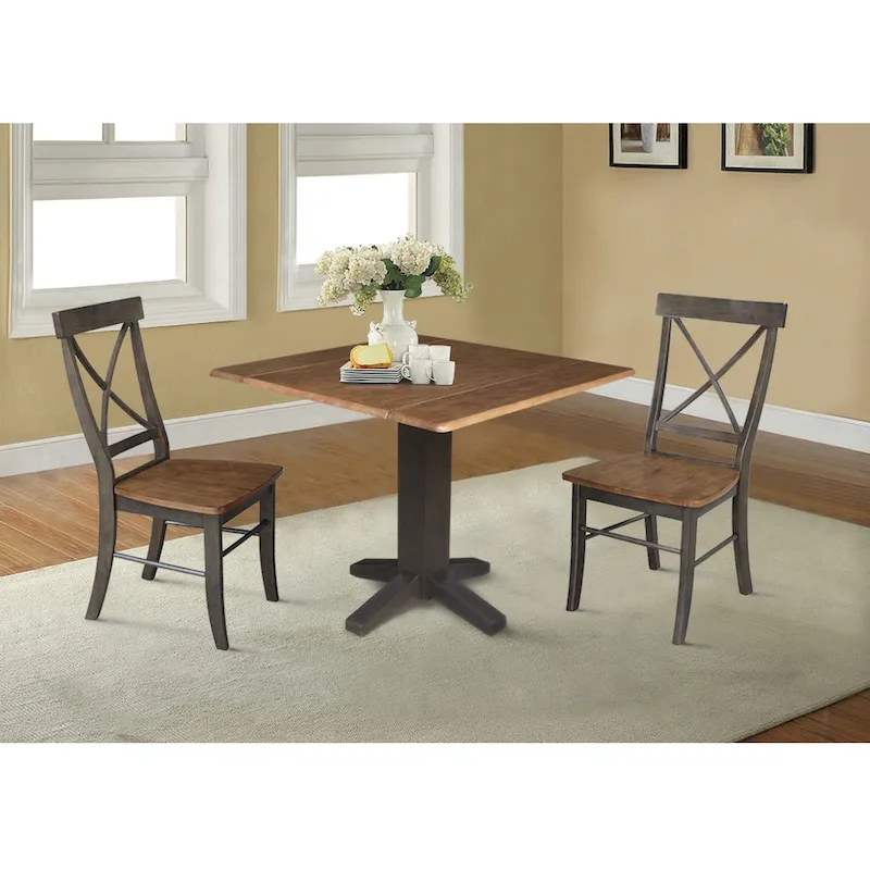 36  Solid Wood Square Dual Drop Leaf Dining Table with 2 Dining Chairs