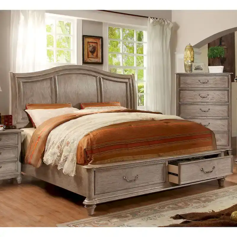 Rustic Grey Solid Wood 2-Drawer Storage Platform Bed – Queen/King/Cal King