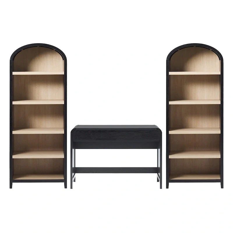3-Piece Office Set: Writing Desk with 2 Open Bookcases, Waterfall Design, Warp-Resistant MDF