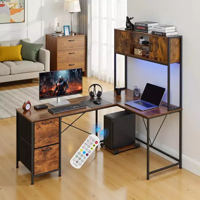 VEVOR L-Shaped Gaming Desk with LED Lights, 62.2-inch Reversible Corner Computer Desk with Power Outlets, Movable CPU Stand & Storage Drawers,Brown