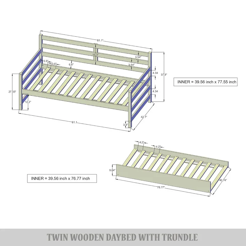 White/Walnut/Black/Light Oak/Antique Grey Railing-Style Twin Daybed with Trundle