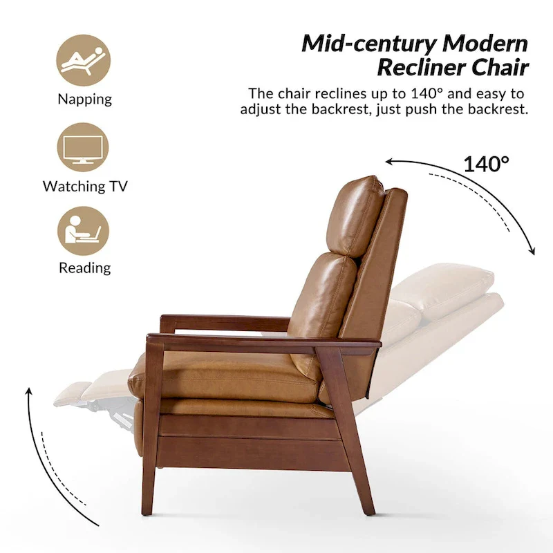 Mid-century Vegan Leather Solid Wood Recliner