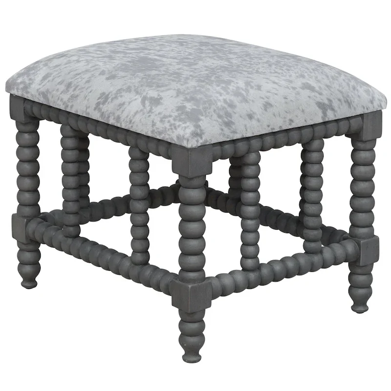 Light Grey Faux Cowhide Upholstered Accent Bench with Wood Base