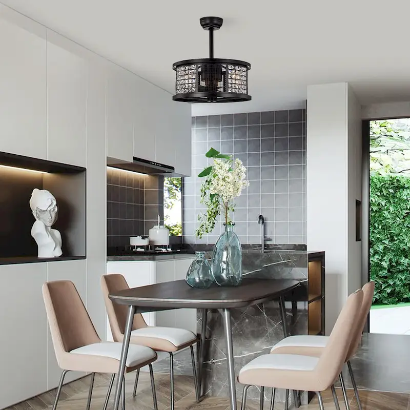 Lacey Matte Black Ceiling Fan19-Inch 4-Light Geometric Metal & Crystal Drum Shade (Includes Remote)