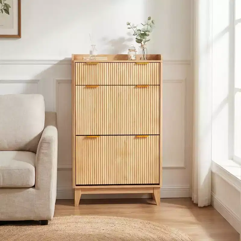 Narrow Fluted Shoe Cabinet for Entryway, Small Double Door Shoe Storage Organizer with Adjustable Shelves for Small Spaces