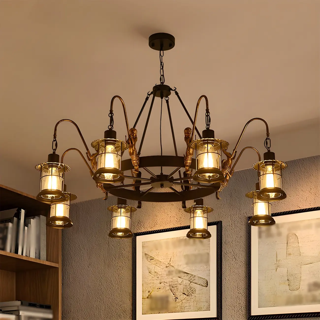 Industrial Black Metal Lantern Wheel Chandelier