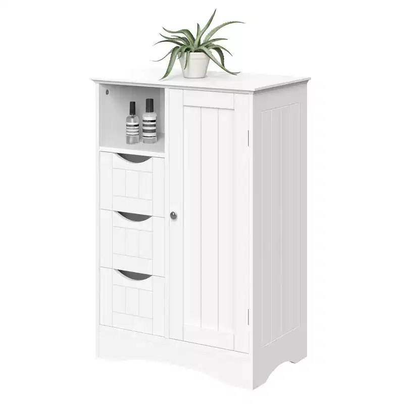 RiverRidge Ashland Single Door Bathroom and Laundry Storage Cabinet with 3 Drawers, Open and Adjustable Shelf