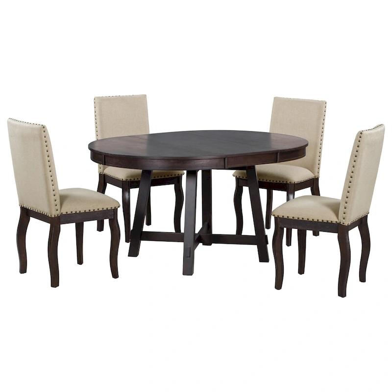 5-Piece Wooden Dining Table Set with Extendable Round Table & 4 Chairs