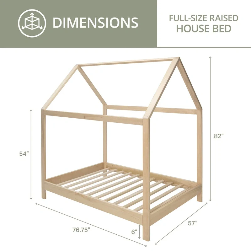 Full Size House Bed Frame with Raised Base Kids Bedroom Wood
