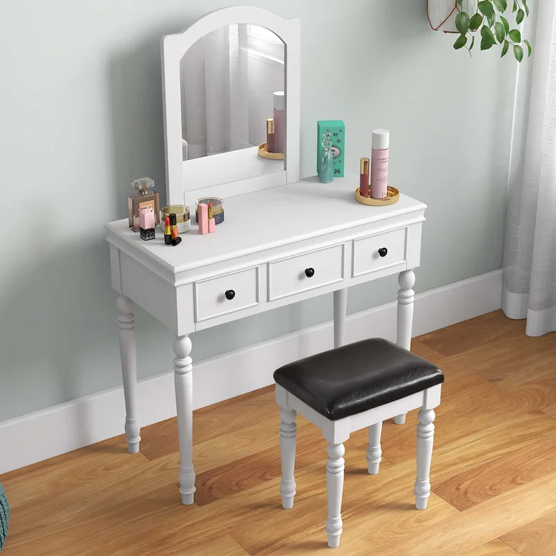 Costway Vanity Table Set Makeup Desk Cushioned Stool 3 Drawer Large - See Details