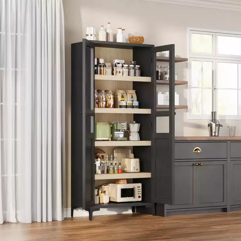 Tall Storage Cabinet with Glass Doors, 5-Tier Pantry Cabinet with Adjustable Shelves for Kitchen and Bathroom