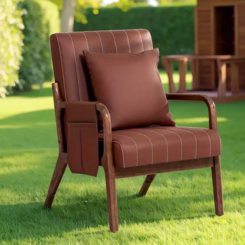 Hommpa Mid-century Accent Chair Ergonomic Leather Armchair with Wood Frame & Lumbar Pillow Brown