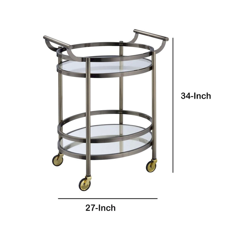 Oval Shaped Metal Serving Cart with 2 Shelves, Silver - 34 H x 19 W x 27 L Inches
