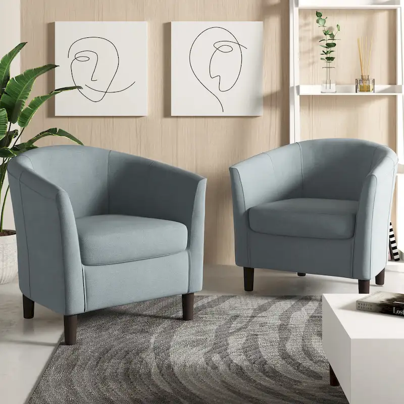 2 Set Modern Linen Barrel Accent Chairs Club Armchair