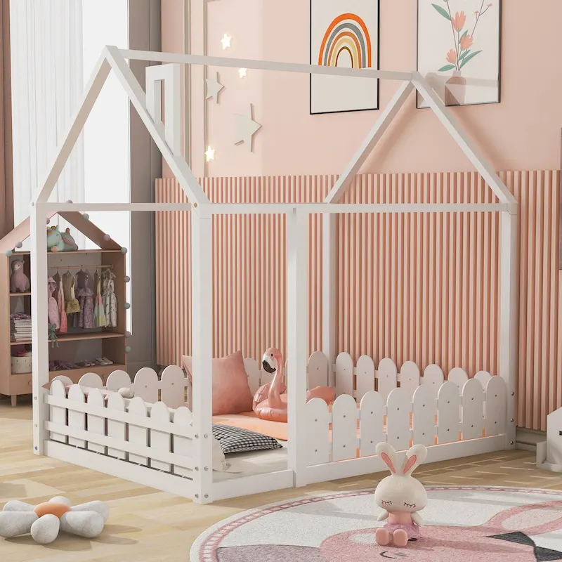 White/Brown Full Size House Bed Frame with Roof & Fence, 1-Person