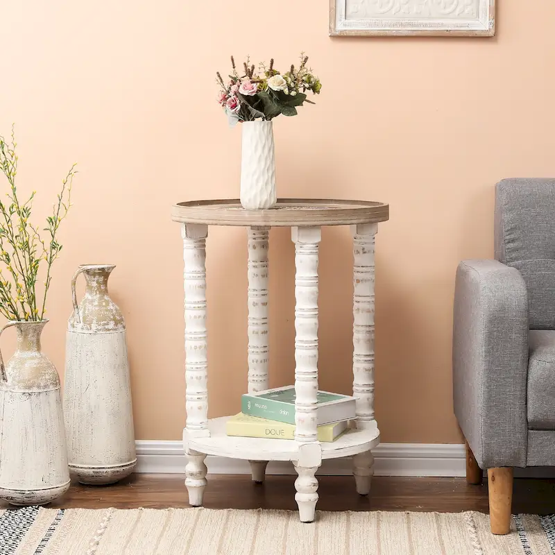 Distressed White & Natural Wood Round Accent Side Table with Storage