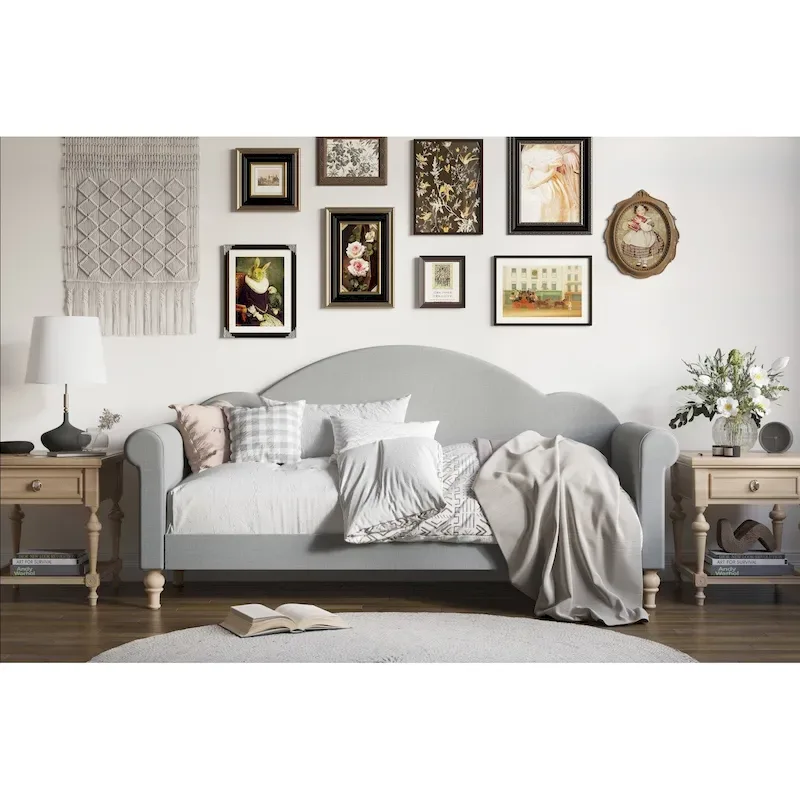 Grey / Beige / Black Upholstered Twin Daybed – Rolled Arms, Single Sleeper