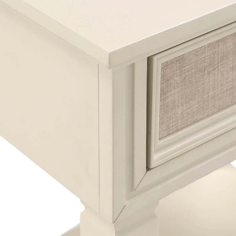 1-Drawer Nightstand with Lower Shelf – White Finish with Beige Linen Drawer