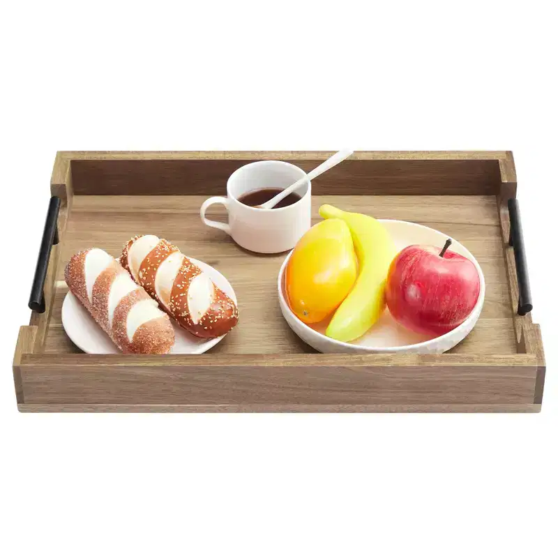 Wood Serving Tray with Metal Handles, 17x12 Inch Decorative Ottoman Tray, Multipurpose for Coffee Table/Breakfast/Bed/Living Room/Kitchen/Bar