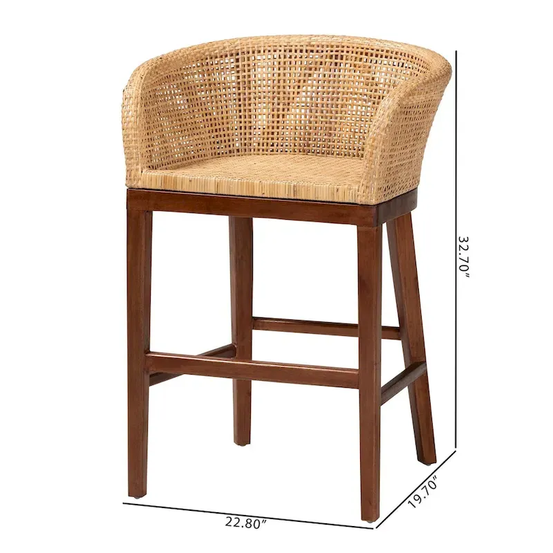 Papua Modern Bohemian Natural Rattan and Acacia Wood Counter Stool
