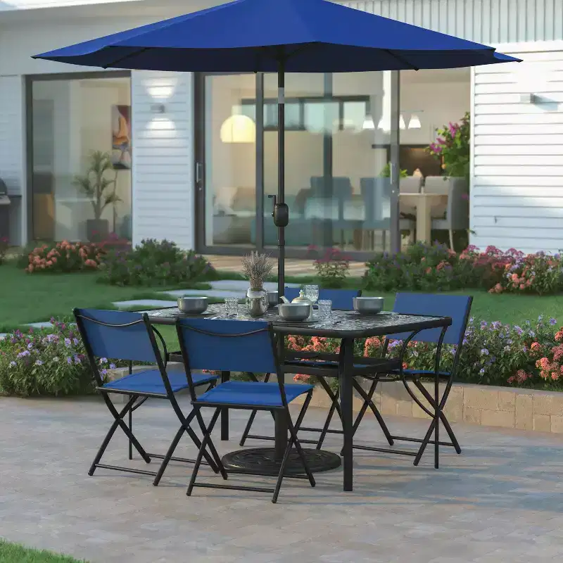 Emma and Oliver Rectangular Tempered Glass Top Patio Table with Umbrella Hole and Black Steel Tube Frame