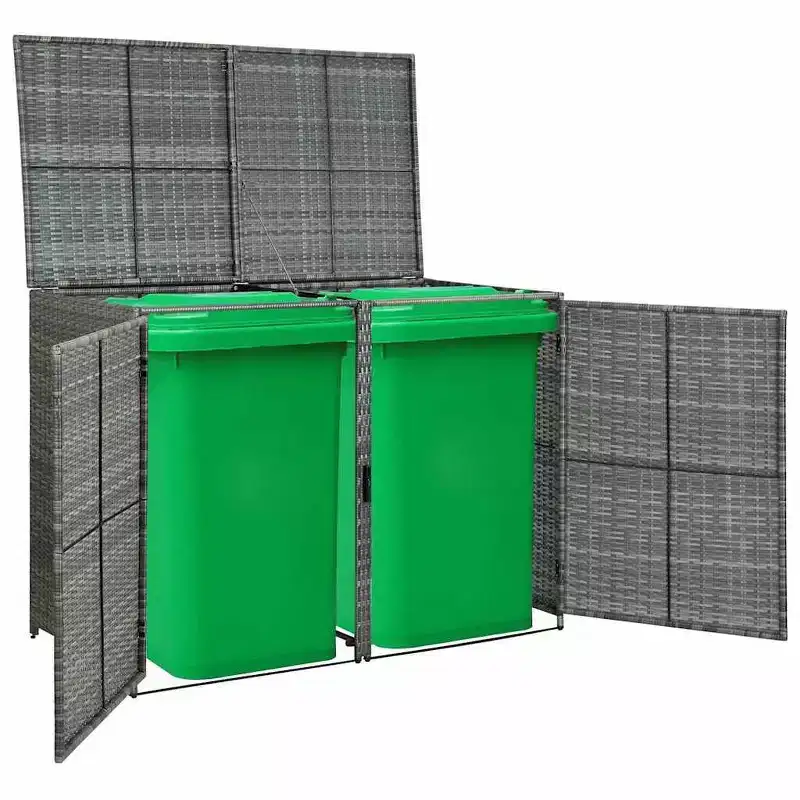 vidaXL Double Wheelie Bin Shed with Lid, Poly Rattan