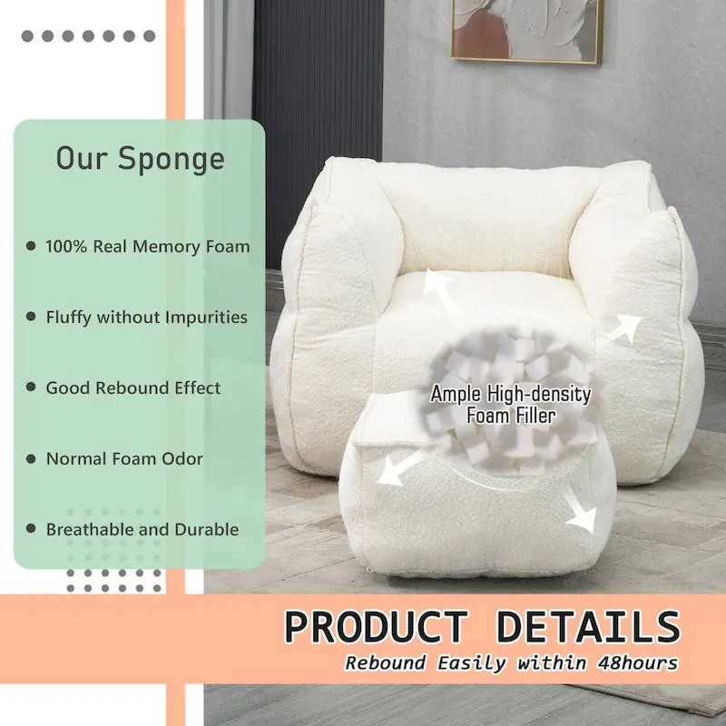 Boucle Upholstered Deep Seat Armless Square Bean Bag Chair with Ottoman