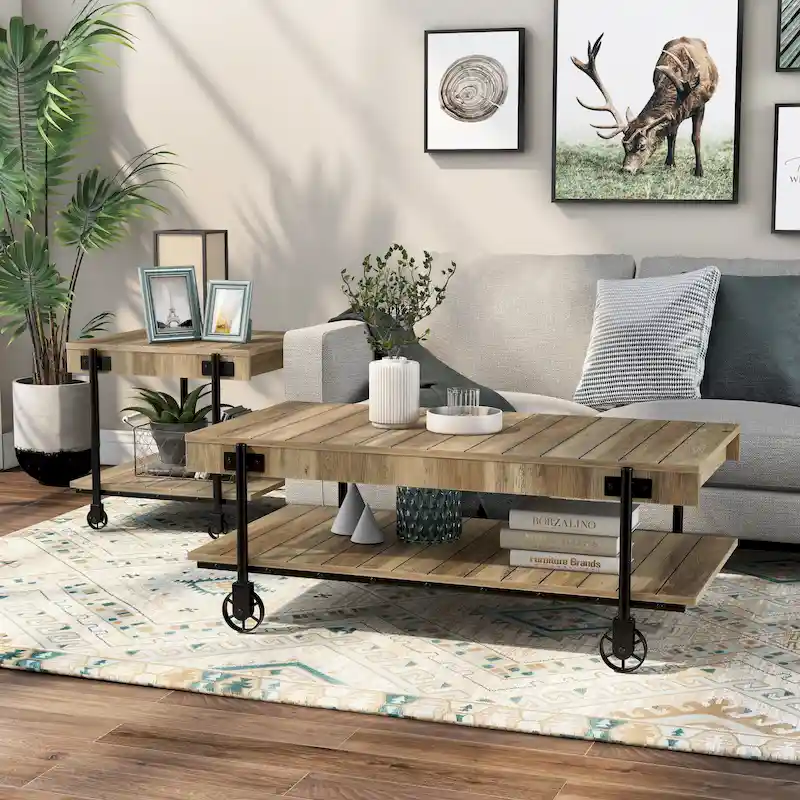 Black Farmhouse Steel 2-Piece Coffee Table Set with Wheels