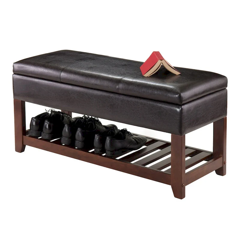 Storage Chest Bench with Padded Seat and Wood Shelf