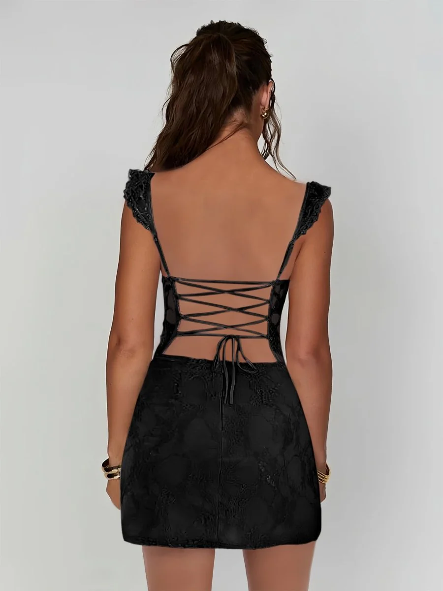 Black - Spaghetti Straps Sheath Lace Short Homecoming & Cocktail Dress With Slit
