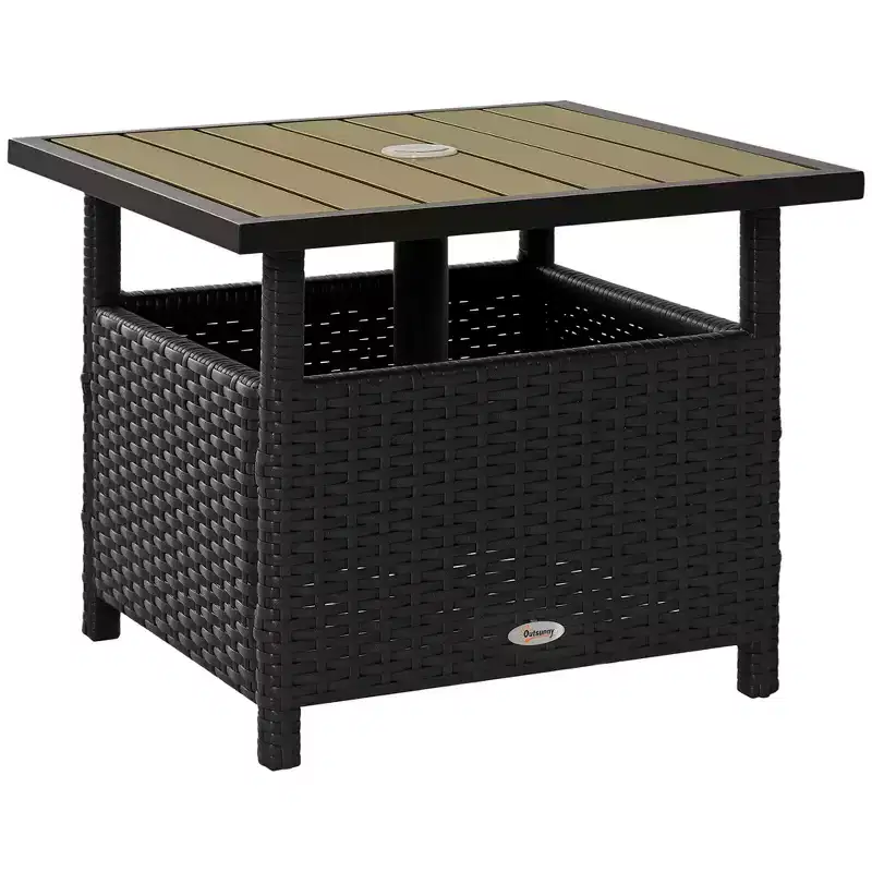 22 Outdoor Side Table with Umbrella Hole, Rattan Wicker End Table with Sand Bag and Steel Frame for Outdoor, Patio, Garden