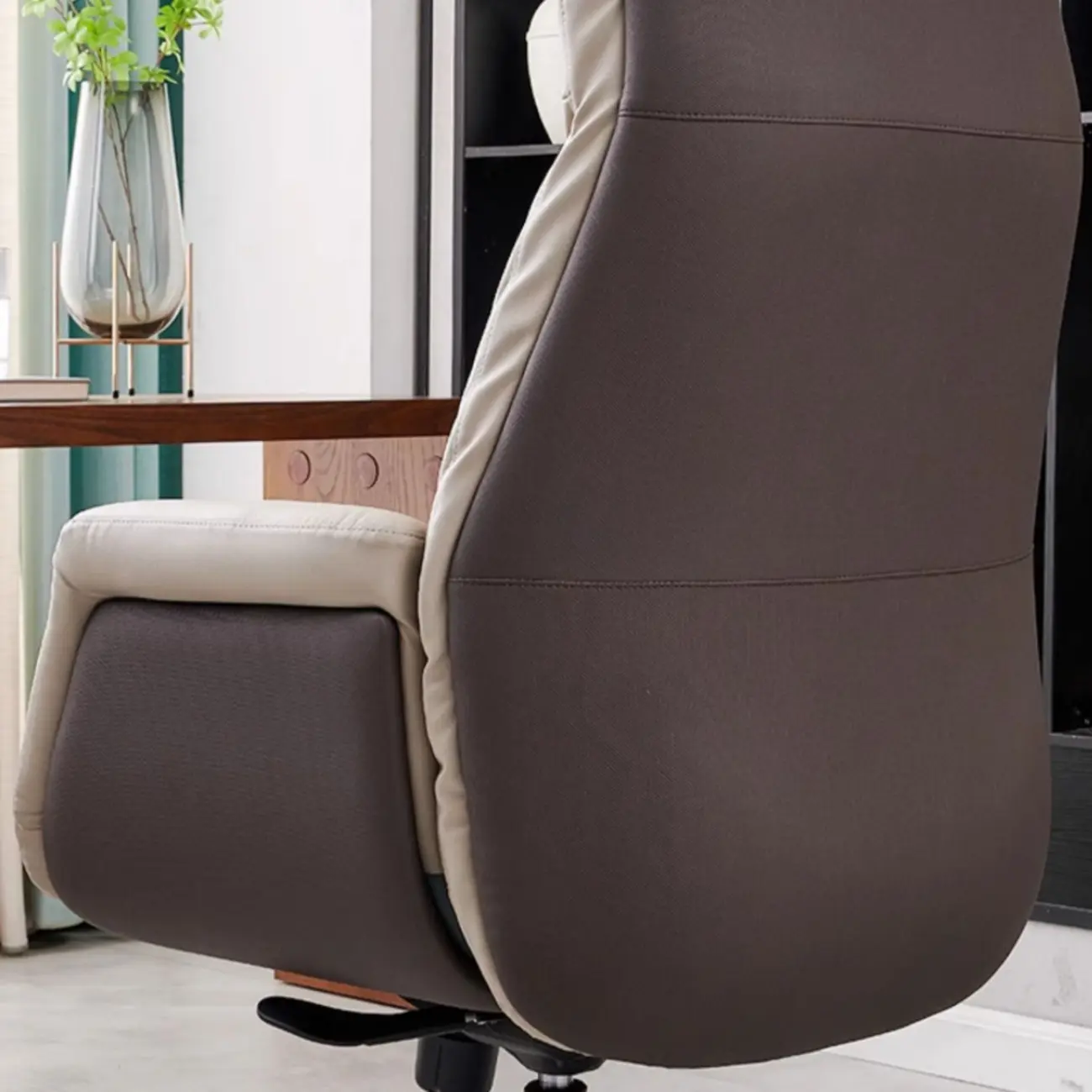 Beige Genuine Leather Swivel Ergonomic Chair with High-Back