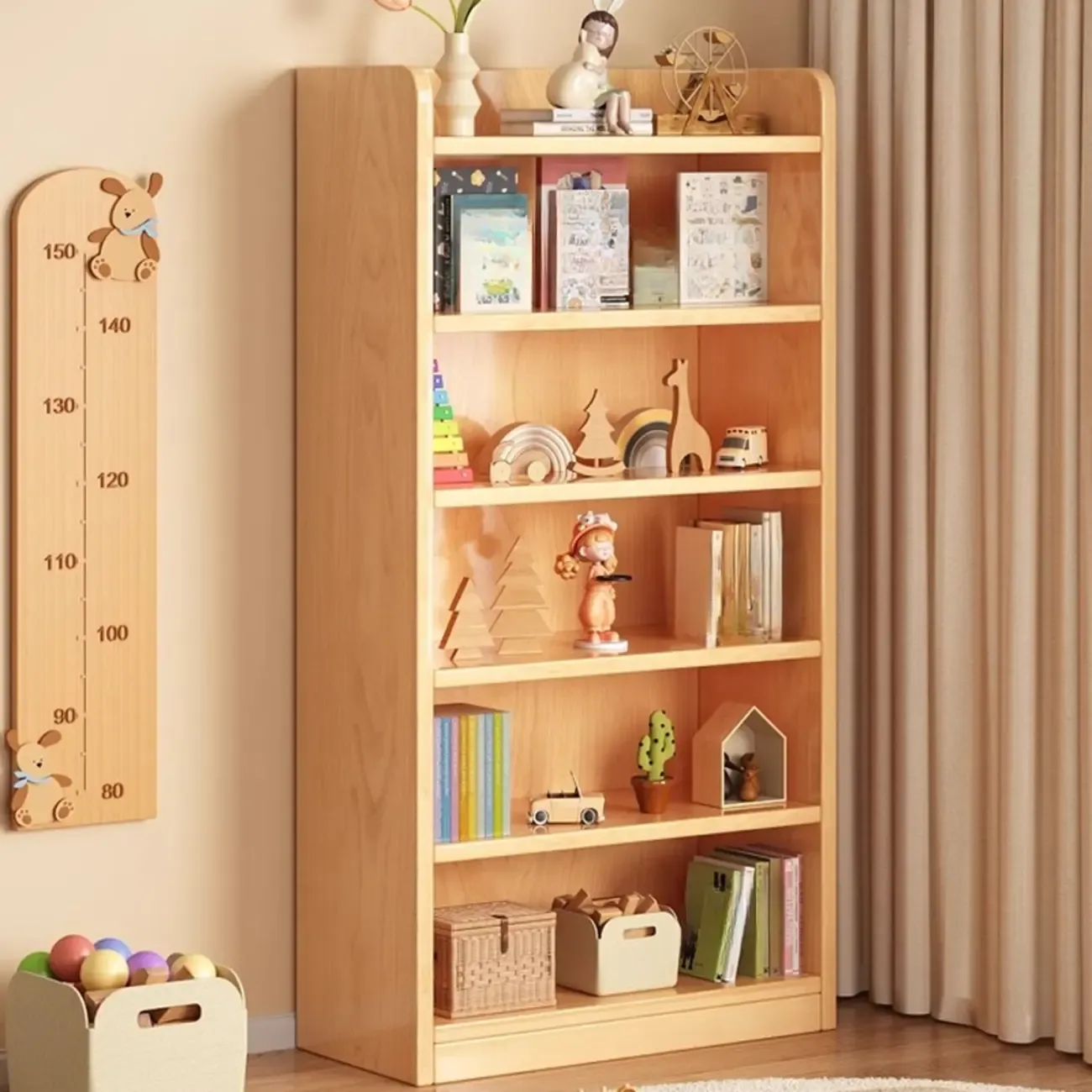Narrow Vertical Modern Wooden Bookcase in Natural Finish