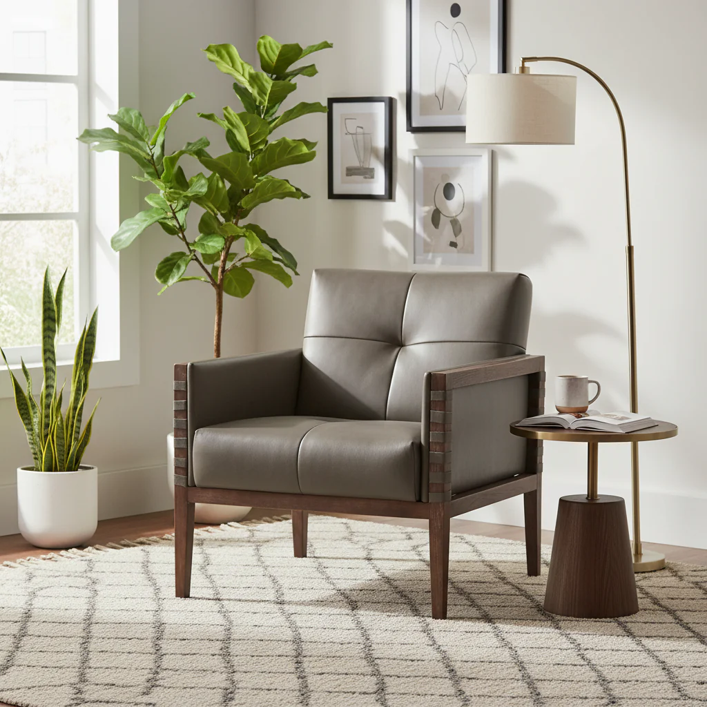 Taupe / Gray Leather Tufted Accent Chair with Wood Frame & Arms – 1-Seat