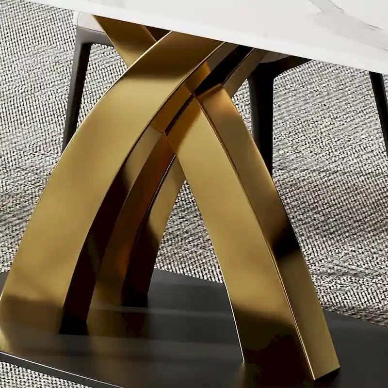 Modern White Rectangular Dining Table,Sintered Stone top,Gold X-Shaped