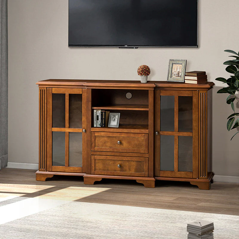 TV Stand for TVs up to 65 in with Glass-Door Cabinets, 2 Drawers, Open Shelves & Cable Management | Acorn / Walnut | Single