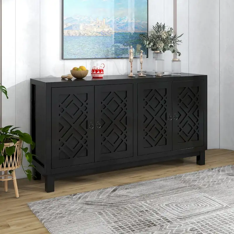 Large Storage Space Sideboard,4 Door Buffet Cabinet with Pull Ring Handles - N/A